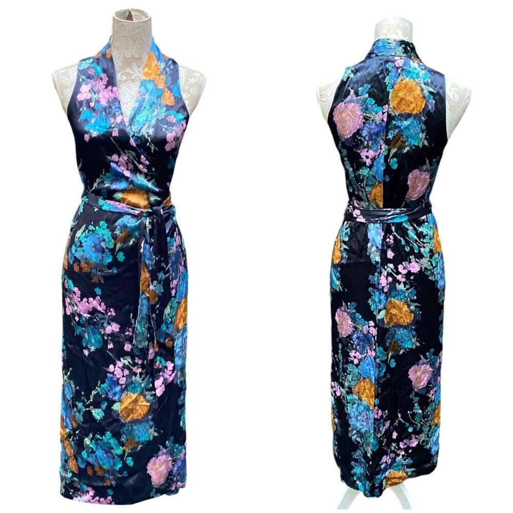 Quiet Luxury Watercolor Floral Bouquet Satin Wrap Maxi Dress Vince Designer XS